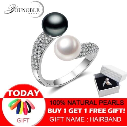 Real 925 Sterling Silver Double Pearl Rings Women,Adjustable Black Wedding Rings Birthday Gift