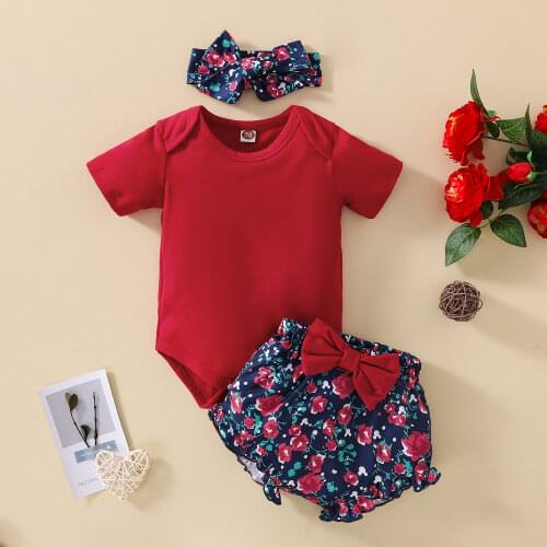 Newborn Baby Toddler Girls Clothes Set Short Sleeve Child Pullover Bow Ruffle Romper Floral Bow Overalls Pants Headband Outfit