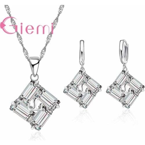 Geometry Crystal Earring CZ Lady Jewelry Fahion 925 Sterling Silver Pendant Necklace Sets For Women Engagement Party