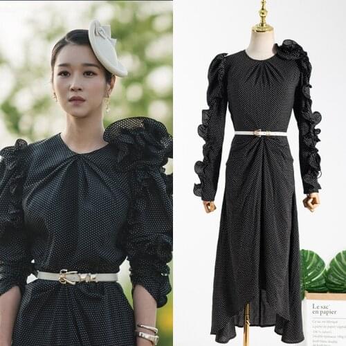 Korean TV Star 서예지 2020 Summer Dress Women Elegant Black Wave Dots Point Dress Lady Long Party Dress With Belt Dresses Vestidos