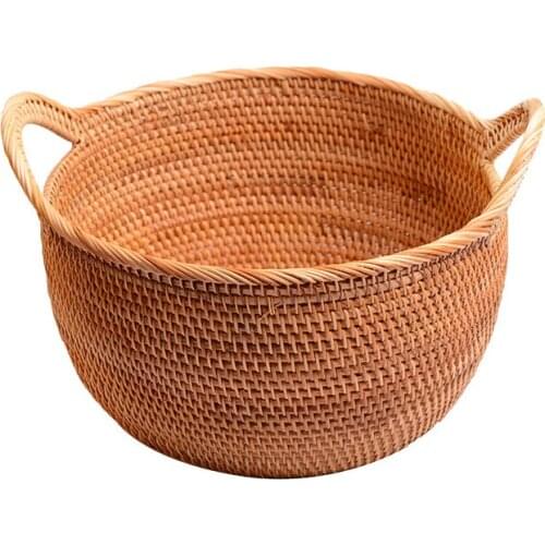 Rattan Storage Basket Round Portable Desktop Living Room Fruit Basket Storage Storage Thickening Garden Storage Basket Small