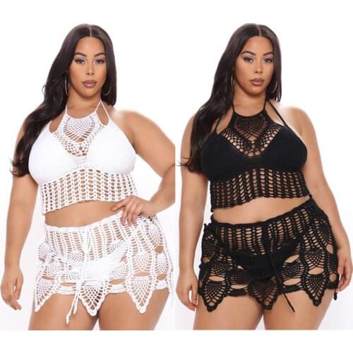 Summer New Style European and American Sexy Plus Size Womens Hollow Crochet Bikini Split Swimsuit Suit Beach Vacation