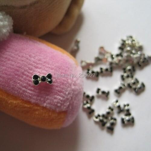 MD-66 10pcs Fancy Mini Black Rhinestone Silver Bow Metal Charms Metal Deco Charms Nail Art