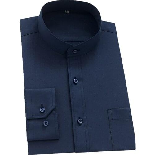 Mandarin Collar Solid Social Shirts for Men Long Sleeve Business Mendress Shirts Vintage Plain Red Black White with Front Pocket