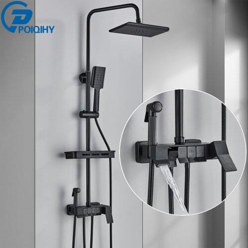 POIQIHY Matte Black Shower Set Rainfall Bath Shower Set Plastic Storage Shelf Brass Bidet Spray Piano Keys 4-ways Shower Mixers