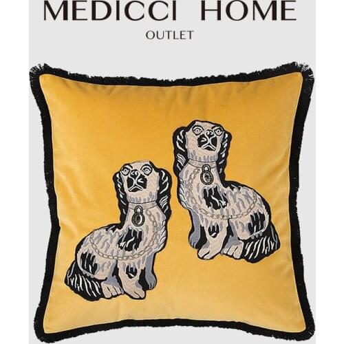 Medicci Home Balcony Cushion Cover GG Retro Style Double Dogs Animals Applique Embroidered Pillow Cases 50x50cm Retro Style Deco
