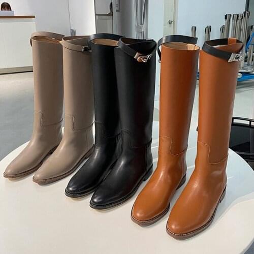 2021 New Winter Roman Women Riding Equestrian Boots Knee High Long Genuine Cowhide Leather Shoes Female Black Brown