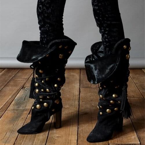 Fall Fashion Women Pointed Toe Gold Metal Button Rivets Studs Chunk Heel Knee High Boots Fringed Lace-up Thick High Heel Boot