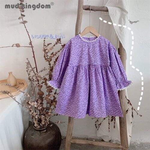 Mudkingdom Cute Girl Floral Dress Long Sleeve Button O-neck Spring Autumn Princess Dresses for Toddler Drop Shoulder Clothes