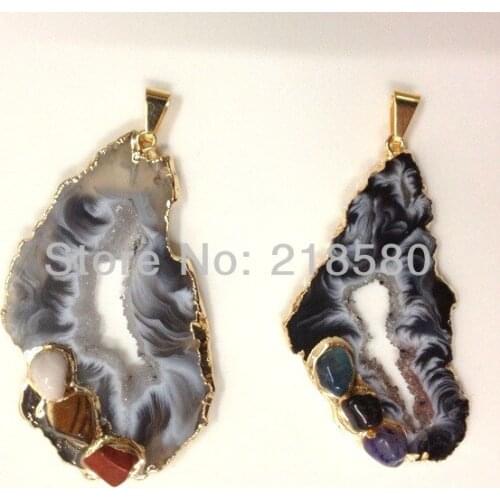 H-DP635 20pcs Geode Half Druzy Crystal Pendant Gold Layered Agates Geode Pendant Silver Ramdom IN SHAPE