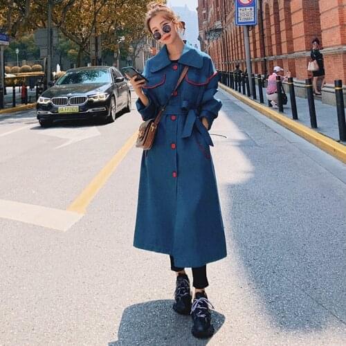 Womens Trench Coat Spring Autumn Single-breasted X-Long Ladies Cloak Loose Straight Cotton Peacock Blue New Windbreaker Female