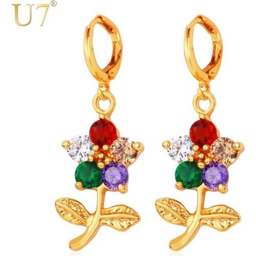 U7 Cubic Zirconia Flower Earrings Fashion Jewelry For Women Party Trendy Gold/Silver Color Colorful Drop Earrings E689