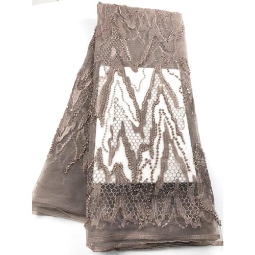 High quality brown African lace fabric beads french tulle lace fabric latest arrival hot sale 5 yards for dress ZG02
