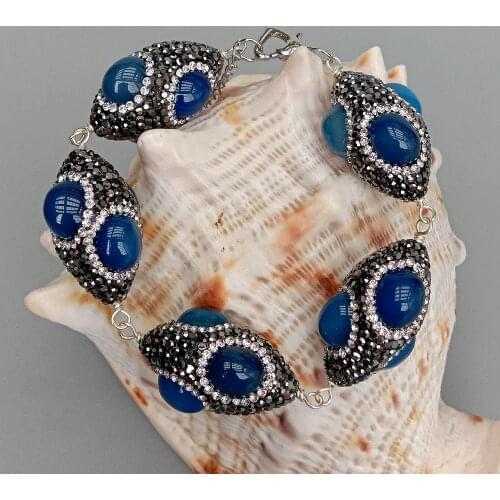 YYGEM Rice Shape Wrap Blue Agate trimmed with black rhinestone nugget Wrap Bracelet 8.5" handmade bracelet for women