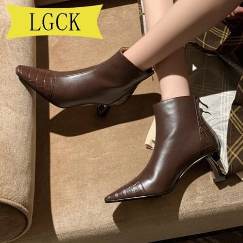 Plus Size 34-40 Autumn Winter Women Zipper Square Toe Boots Genuine Leather Woman Short Boots Women High Heels Office Lady Shoes