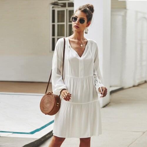 Womens Lace Up V Neck Short Dress Spring Autumn Solid Long Sleeve Ladies Dresses Loose Casual Dress for Female 2021 New