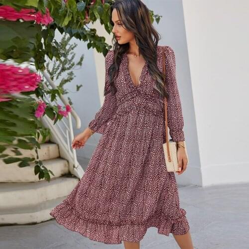Sexy Deep V Neck Women Dress Elegant Long Sleeve Bohemian Spring Summer Dress Print High Waist Ruffle A-line Female Midi Dresses