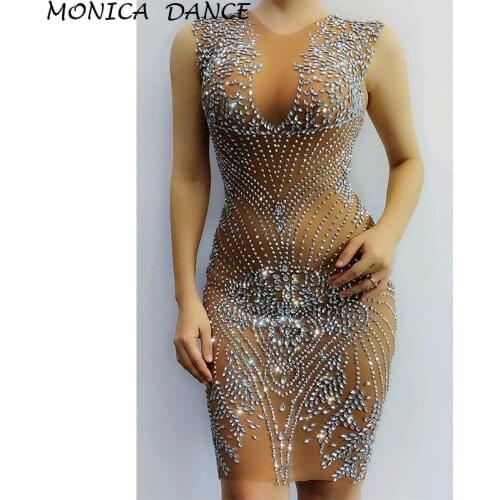 Women Sexy Silver Stones Mesh Transparent Dress Rhinestones See Through Stretch Dress Singer Birthday Celebrate Dress