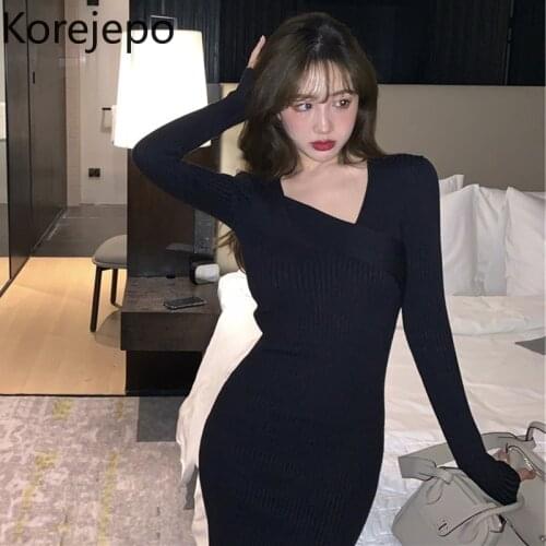 Korejepo Women Knitted Dress 2021 Autumn New French Retro Gentle Slit Over The Knee Long Sweater Bottoming Knitted Dress Female