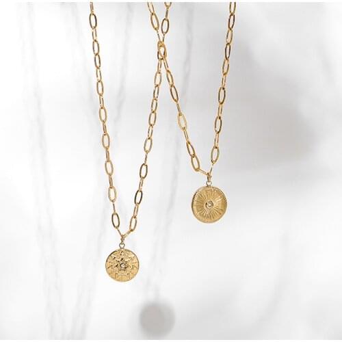 Compass Coin pendant necklace for women stainless steel cz star sun disc pendant necklace minimalism dainty clavicle vintage