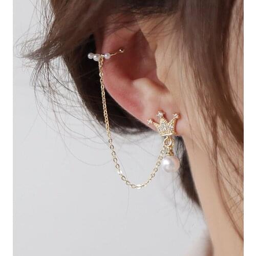 1 Pcs Romantic 14K Real Gold Crown Stud Earrings Japanese&Korea Delicate Jewelry Zircon Pearl Earrings