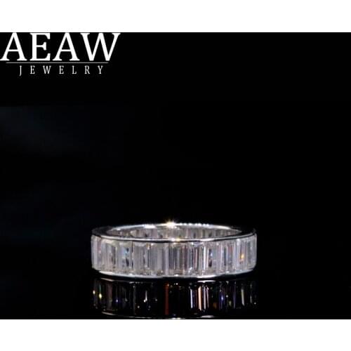 AEAW Solid 18K White Gold Emerald Baguette 2*4mm Engagement Band Ring Wedding Moissanite Eternity Band For Women