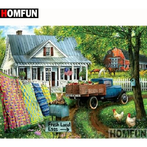 HOMFUN Full Square/Round Drill 5D DIY Diamond Painting "House car scenery" Embroidery Cross Stitch 5D Home Decor Gift A18369