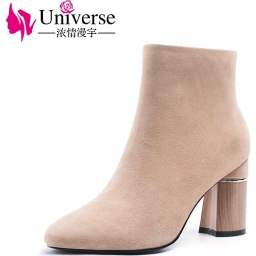Universe Kid Suede Ankle Boots Plush Warm Zipper Autumn Winter Round Toe Super High Heels Ladies Winter Boots Women Shoes H195
