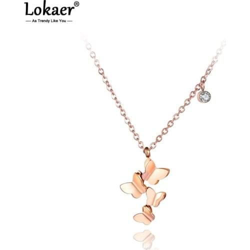 Lokaer Titanium Stainless Steel Butterfly Pendant Necklaces Jewelry Cubic Zirconia Chain Chokers Necklace For Women Girls N19004
