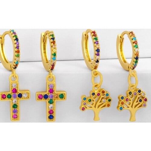 Tree cross multicolor Brass micro pave cz zircon cubic zirconia drop Hoop Earrings studs copper gold plated crystal ujgh3454