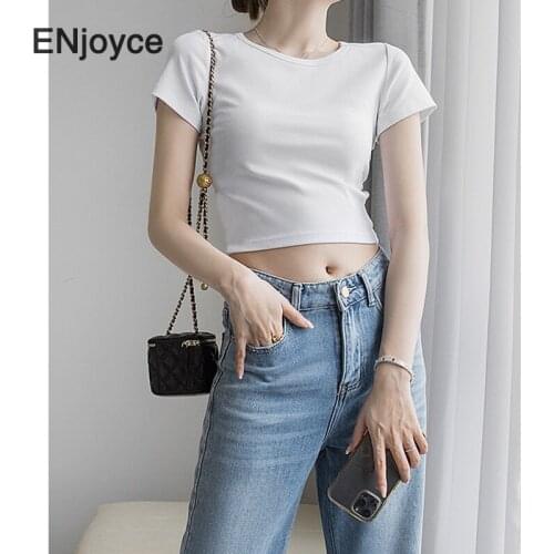Basic Simple O Neck Short Sleeve T Shirt Women Girls Korean Fashion Clothes Pullover Cotton Tee White Cropped Tops Summer 2021