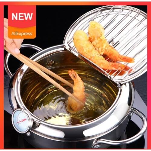 Stainless Steel Japanese Deep Frying Pot With A Thermometer And Basket And Lid Kitchen Tempura Fryer Pan