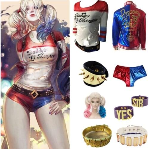 Harleen Quinzel Cosplay Costume T-shirt Coat Jacket Set Accessory Earrings Collar Bracelet Belt Gloves