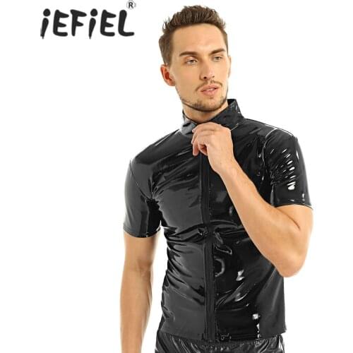 IEFiEL Unisex Fashion Costumes Metallic Novelty Hipster PVC Leather Stand Collar Short Sleeves Front Zip Up T-shirt Tops