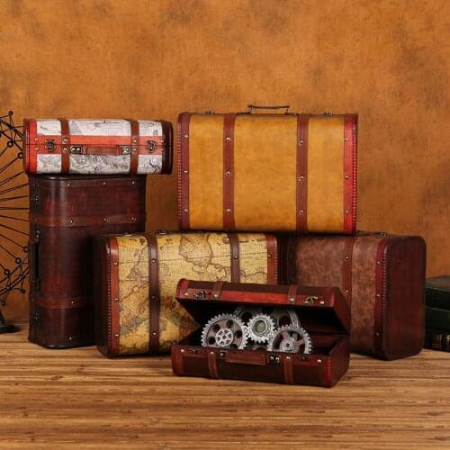 Antique Storage Leather Wooden Box Suitcase Ornaments Retro Wooden Jewelry Storage Box Cosmetic Boxes Household Decoration Gifts