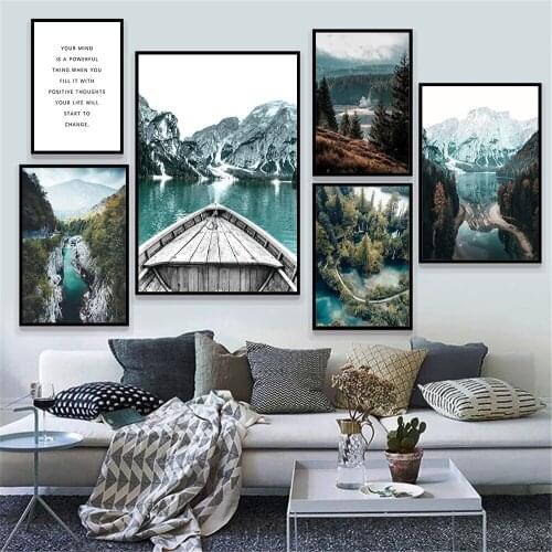Forest Mountain Lake Boat Wall Art Canvas Painting Quotes Art Prints Nature Landscape Poster Nordic Picture Modern Home Decor