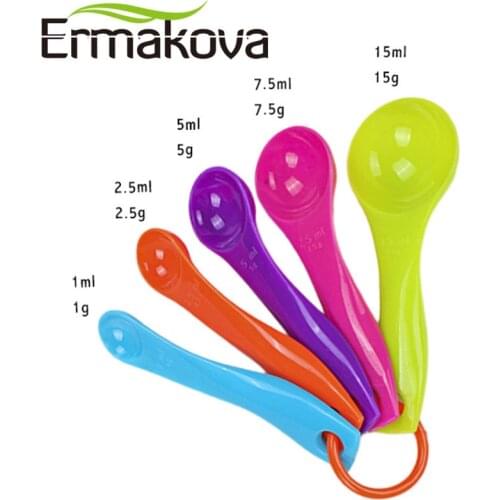 ERMAKOVA (1/2.5/5/7.5/15 ml)Measuring Spoon Set of 5 Mixed Colors Plastic Measure Spoon for Dry Liquid Ingredients Baking Tool