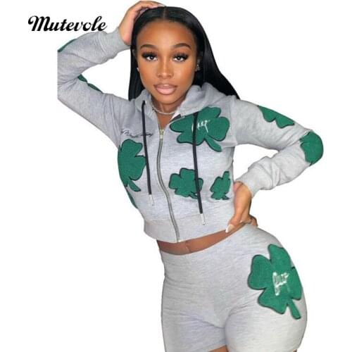 Mutevole Lucky Clover Leaves Print 2 Pcs Tracksuit Women Matching Sweatshirt and Short Set Zipper Drawstring Two Piece Outfits