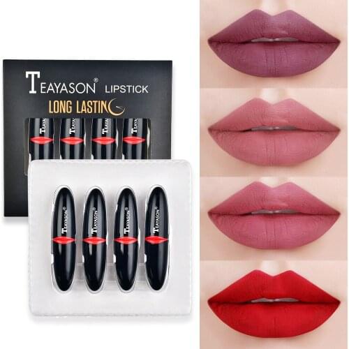 4pcs/Set Mini Lipstick Set Waterproof Matte Lipstick Long Lasting Makeup Batom Matte Lip Stick Kit Velet Pigment