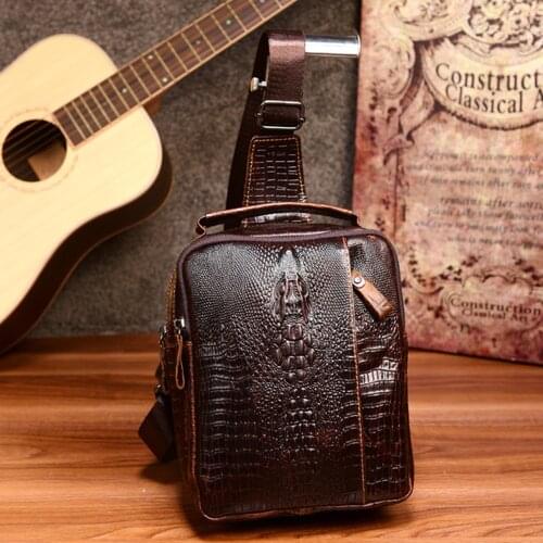 Crocodile pattern Genuine Leather Casual Sling Bag Mens Chest Pack Crossbody Shoulder Messenger Bags For Travel Zipper Style