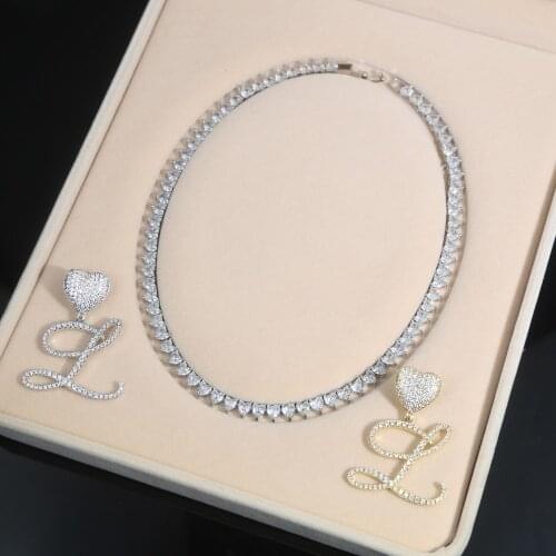 Luxury A-Z 26 Letter with 5A crystal Paved Heart Initial Name charm Necklace Iced Out Gold Silver Color Pendant Hip Hop Jewelry