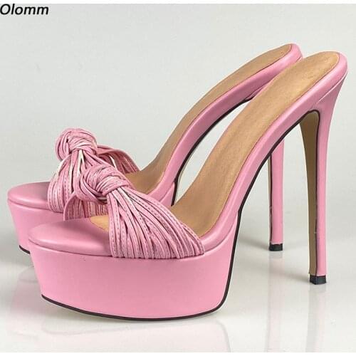Olomm Handmade Women Mules Sandals PU Matte Knot Sexy Stiletto Heels Open Toe Elegant Black Dress Shoes Women US Plus Size 5-20