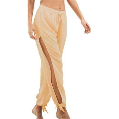 2021 Hot Womens Summer Beach Long Trousers Side Slit Elastic Wide Leg Casual Baggy Pants