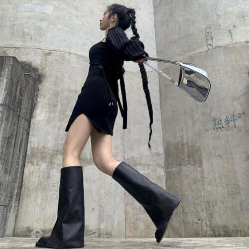 2021 Autumn New Knee-High Boots Women Black Motorcy Boots Round Toe Slip-On Botas De Mujer Sexy Winter Shoes Women Botas Mujer