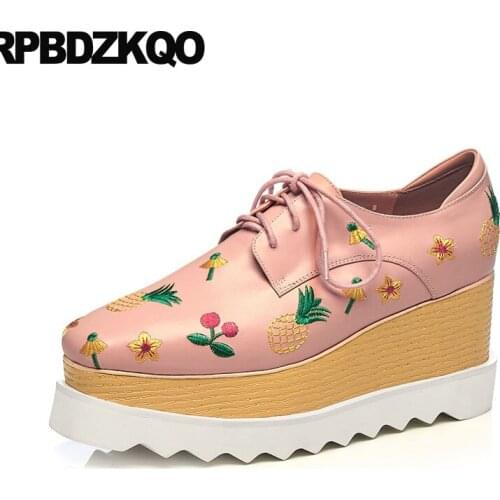 Pink women embroidered lace up square toe pumps handmade platform shoes fashion 2019 flower high heels floral creepers wedge 8cm