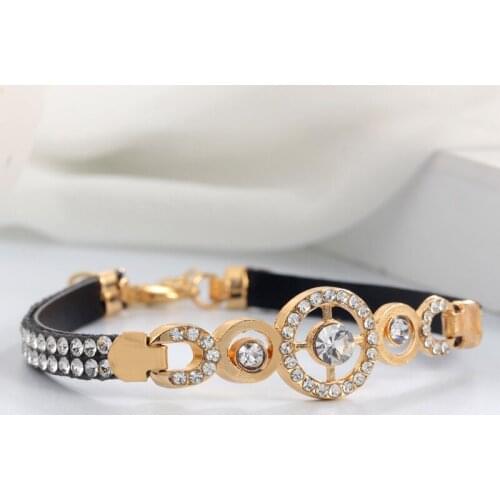 Hesiod Charm Black Leather Bracelet Geometric Crystak Gold Color Bracelet Bangle for Women Men Couple Jewelry