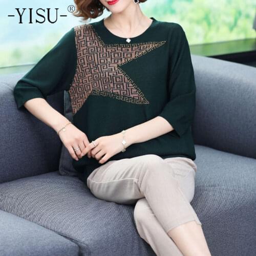 YISU Summer Loose Sweater O-Neck Middle sleeve Jumper Female Thin Stars pattern Casual Knitted Pullover Woman clothing