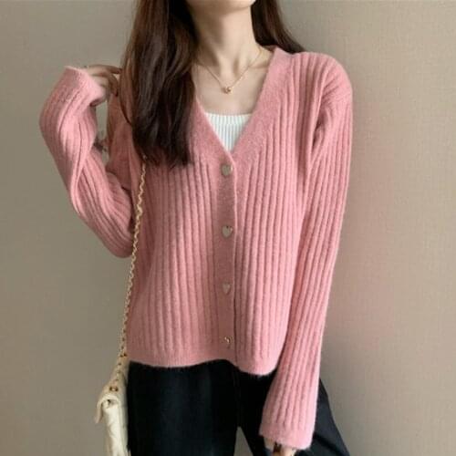 Pink Sweet Cardigan Women 2021 Autumn Winter V Neck Korean Fashion Long Sleeve Coat Knitted Sweater Female Solid Knitwear Pull