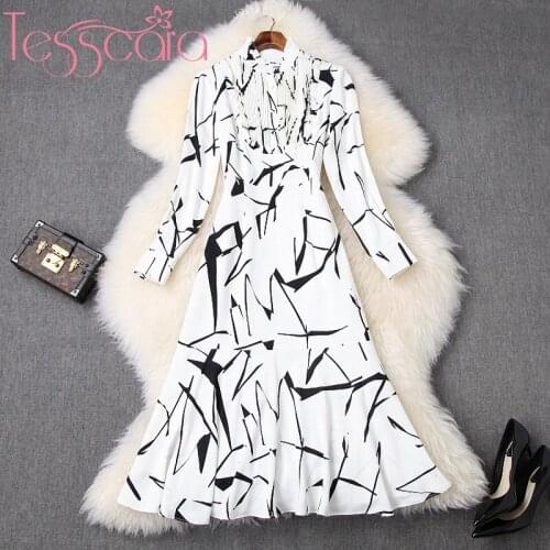 TESSCARA Women Runway Designer Elegant Long Trumpet Dress High Quality Vintage Party Robe Femme Ladies Office Cocktail Vestidos