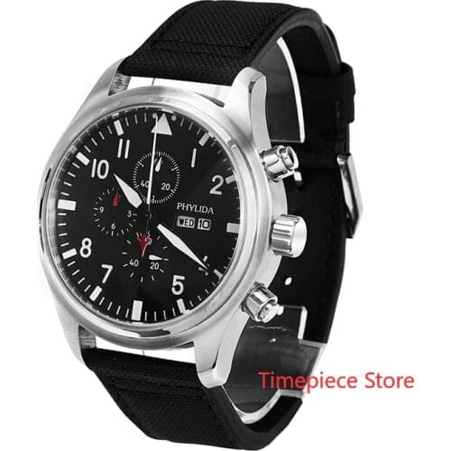 5ATM WR MIYOTA Black 45mm Pilot Watch Chrono Day/Date Domed Sapphire Crystal Leather Strap Green Lumed Copper Dial Solid SS Case